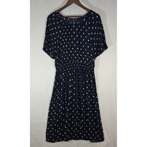 Banana Republic Polka Dot Midi Dress Navy Blue Beige Short Sleeve L